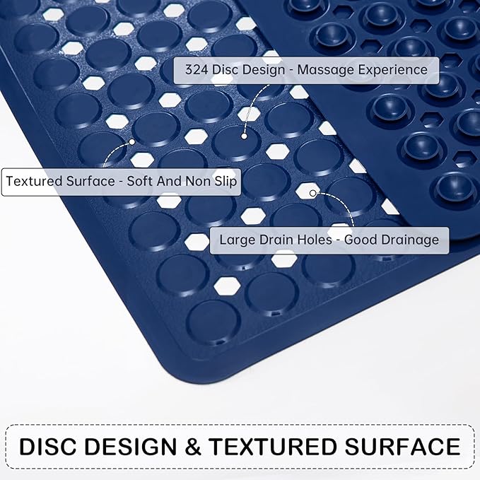 Linoows Non-Slip Bathtub and Shower Mats, Power Grip Bath Mat 35 x 16.3 Inch with Suction Cups and Drain Holes for Tub Bathroom Floor Safety, Machine Washable Soft Bathmat, Navy Blue