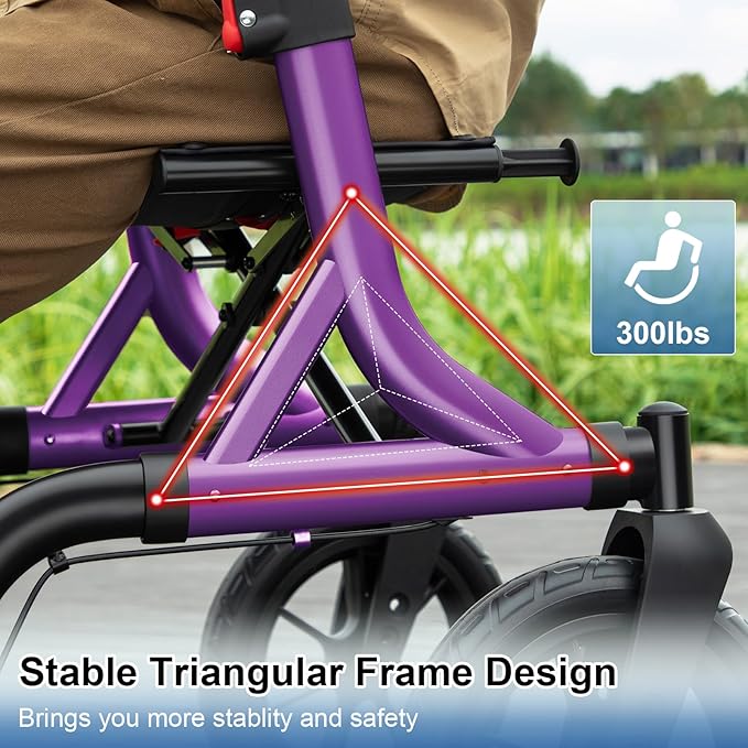 Walkers for Seniors, Rollator Walker with Seat, 12" Big Rubber Wheels All Terrain Rollator Walker with Backrest, Built-in Cable, Cup Holder, Foldable and Height Adjustment for Seniors, Purple