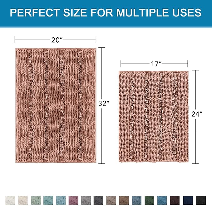 H.VERSAILTEX Bathroom Rug Set, 2 Piece Non Slip Thick Soft Chenille Striped Bath Mats, Muted Clay, 20" x 32"/17" x 24"