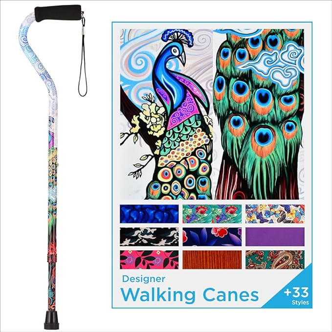 Nova Joy Designer Offset Walking Cane for Seniors - Unisex Adjustable Lightweight Aid with Foam Handle, Wrist Strap and Anti-Rattle Lock - Essential Mobility Support - Proud Peacock