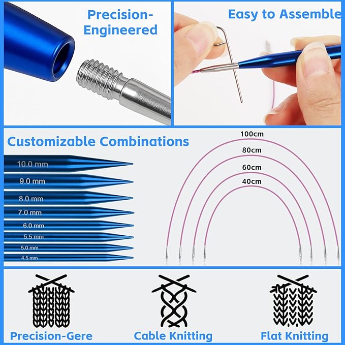 Interchangeable Circular Knitting Needles Set, 13 Pairs (26pcs) Aluminum Knitting Needles Kit, Sizes 3.0mm-10.0mm, Knitting Needle Case & Accessories, for Knitting Projects, Beginners & Advanced