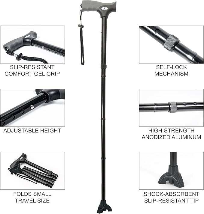 FSA/HSA Eligible, Vaunn Medical Easy Grip Height Adjustable Folding Cane/Walking Stick with Strap/Pouch- Compact, Portable, and Safe Walking Assistant- Non-Slip Grip Handle- Men, Women, Elderly