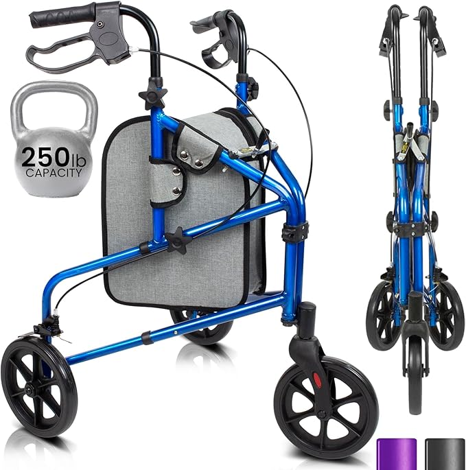 Vive Mobility 3 Wheel Walker - Three Wheeled Rollator for Seniors - Lightweight, Foldable, Narrow, Heavy Duty - for Elderly Men Women - Folding 3-Wheel Tri Scooter with Basket Bag