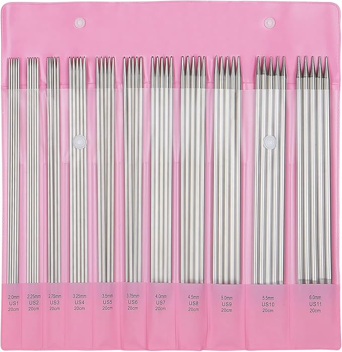 Aelike 55pcs Double Pointed Knitting Needles, 11 Sizes Stainless Steel Metal Short Knitting Needles Set, Straight & Double Pointed Knitting Needle Sets 2mm to 6mm