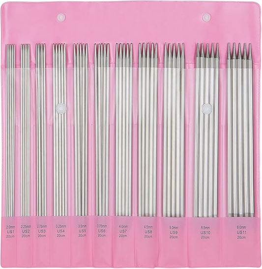 Aelike 55pcs Double Pointed Knitting Needles, 11 Sizes Stainless Steel Metal Short Knitting Needles Set, Straight & Double Pointed Knitting Needle Sets 2mm to 6mm