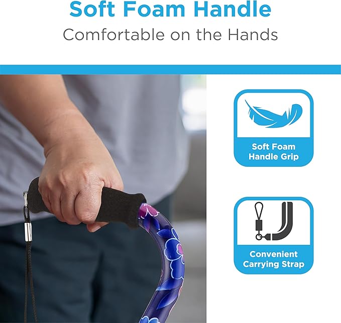 Nova Joy Designer Offset Walking Cane for Seniors - Unisex Adjustable Lightweight Aid with Foam Handle, Wrist Strap and Anti-Rattle Lock - Essential Mobility Support - Maui Flowers