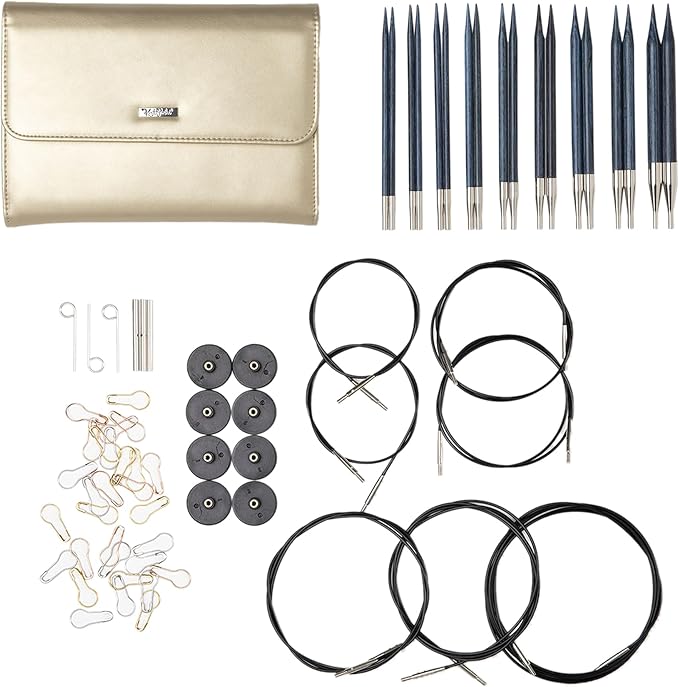 Knit Picks Options Wood Interchangeable Knitting Needle Set with Case and Stitch Markers (Blue and Gold)