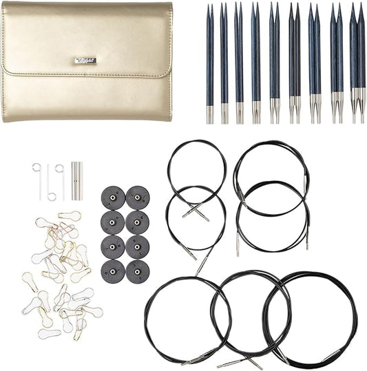 Knit Picks Options Wood Interchangeable Knitting Needle Set with Case and Stitch Markers (Blue and Gold)