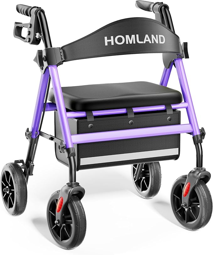 HOMLAND Rollator Walkers for Seniors with Seat, 8" All Terrain Wheels, Durable Aluminum Frame, Lightweight Foldable Walker with Ergonomic Seat, Height Adjustable Rolling Walker