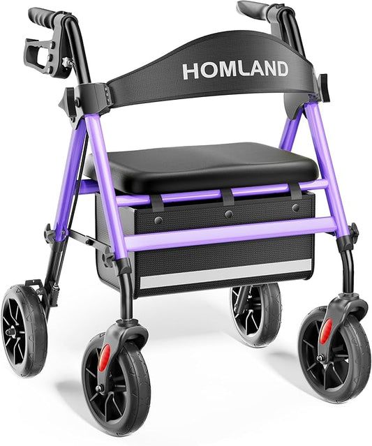 HOMLAND Rollator Walkers for Seniors with Seat, 8" All Terrain Wheels, Durable Aluminum Frame, Lightweight Foldable Walker with Ergonomic Seat, Height Adjustable Rolling Walker