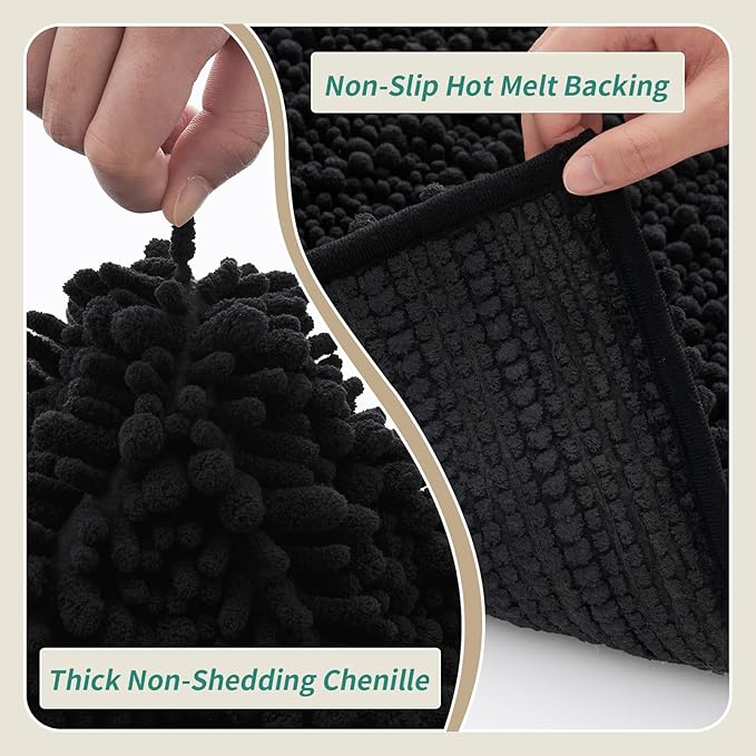 Bathroom Runner Rug 24x70 Non Slip Washable Long Bath Mat for Tub Thick Soft Absorbent Bathroom Floor Mat Large Chenille Bath Rug for Shower, Black