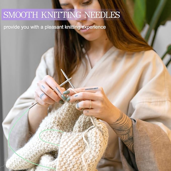 Katech 16.93 inch (43cm) Circular Knitting Needles Set, 2.75mm-5.00mm Stainless Steel Knitting Needles with Cables, 7 Sizes Short Round Needle for Sweaters, Hats, Socks, Scarves