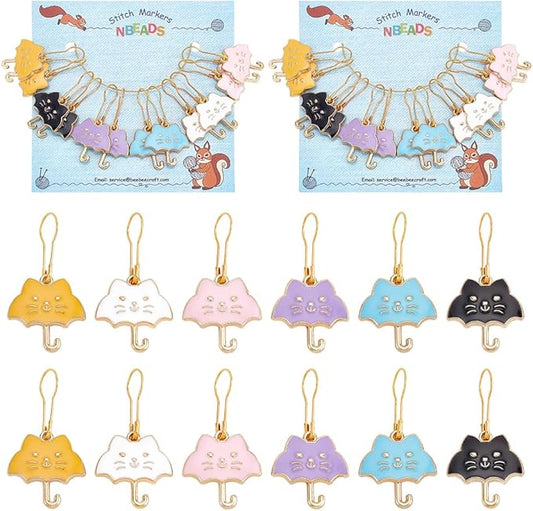 NBEADS 24 Pcs Cat Umbrella Stitch Markers, Enamel Alloy Crochet Stitch Marker Charms Removable Iron Kilt Pin Locking Stitch Marker for Knitting Weaving Sewing Jewelry Making
