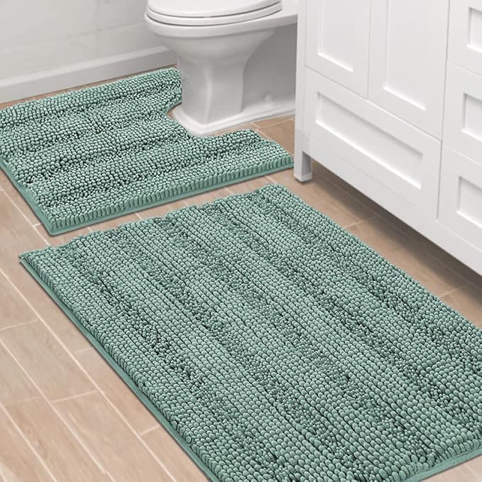 H.VERSAILTEX Bathroom Rugs Bath Rug Set 2 Piece Bathroom Contour Rug Toilet Mat Sets Non Slip Contour Bath Rug Ultra Thick Water Absorbent Striped Bath Mats(36" x 24" Plus 20" x 24" U, Eggshell Blue)