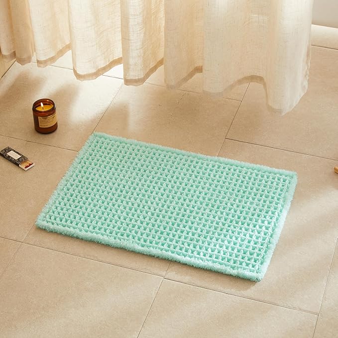 Waffle Bath Mat, Boho Bathroom Rugs Non Slip Washable Super Absorbent Quick Dry Cute Bath Mat Farmhouse Bathroom Decor, 24"x16" Aqua Blue