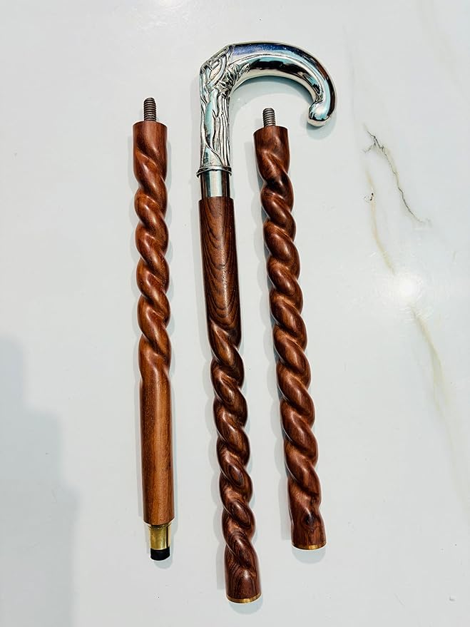Silver Handle Wooden Walking Cane for Men & Women, Vintage Walking Stick, Twisted Wood Cane, Halloween Costume Prop, Victorian Gentlemen Cane, Antique Brass Walking Stick Gift