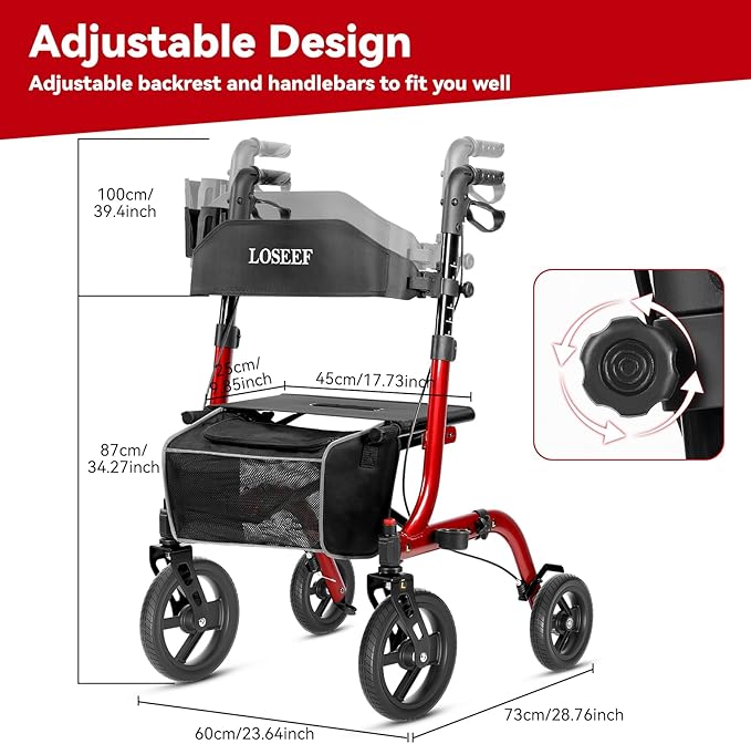 Foldable Rollator Walkers with Seat for Seniors, 10" Big Rubber Wheels All Terrain Rollator Walker with Adjustable Backrest and Handles, 350 Lb, Cup Holder, Lightweight 4 Wheel Walker for Seniors Red