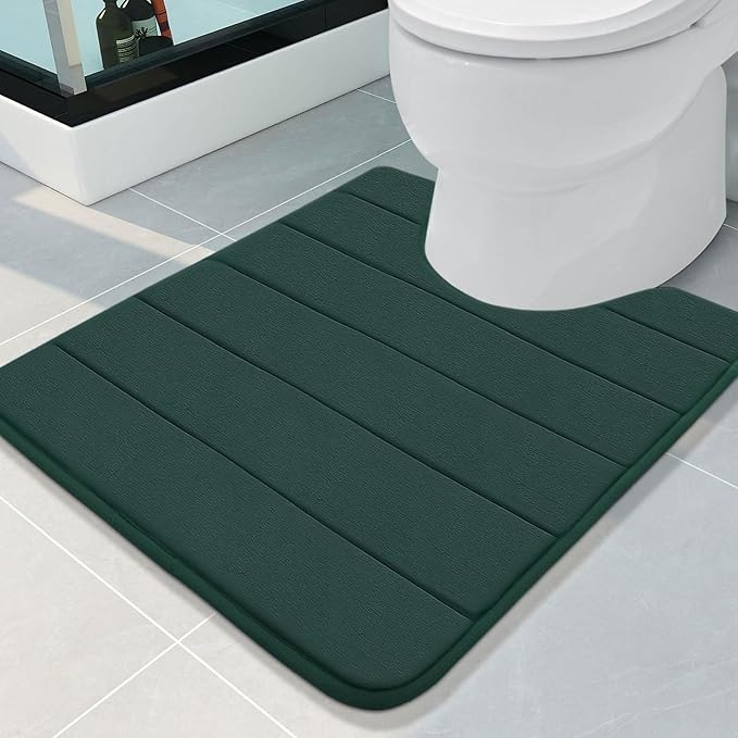 Buganda Memory Foam U-Shaped Contour Toilet Rugs, Non Slip Absorbent, Thick Soft Washable Bathroom Mat, Floor Carpet Bath Rugs Mat for Toilet Base (24" x 20", Dark Green)