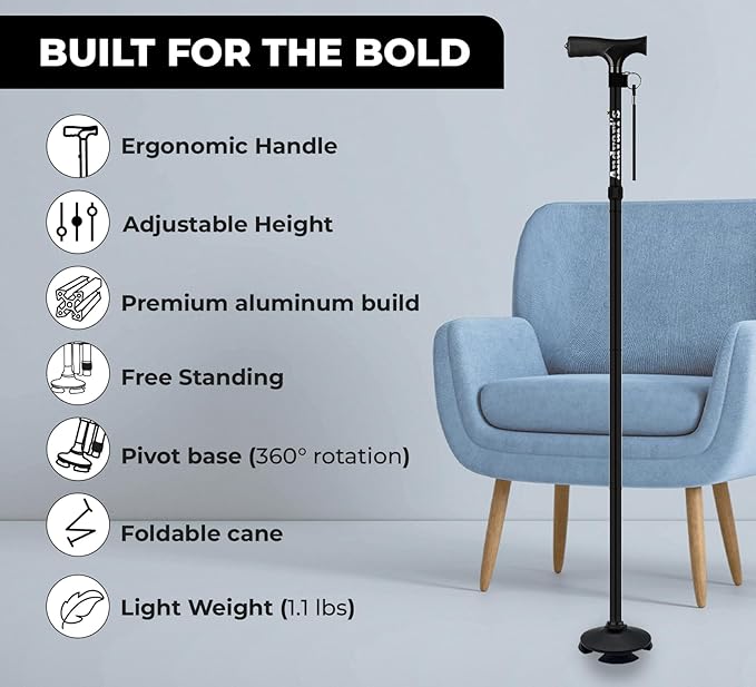 Walking Cane for Men & Women – Foldable, Adjustable, Self-Standing Cane with 360° Pivot Base, Comfortable Grip, Heavy Duty Canes for Women, Collapsible Walking Stick with Travel Bag for Seniors Adults