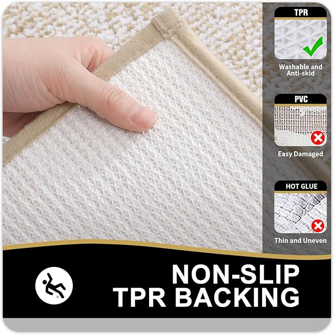 OLANLY Bathroom Rugs 47x17, Extra Soft and Absorbent Microfiber Bath Mat, Non-Slip, Machine Washable, Quick Dry Shaggy Bath Carpet, Suitable for Bathroom Floor, Tub, Shower (Runner, Beige)