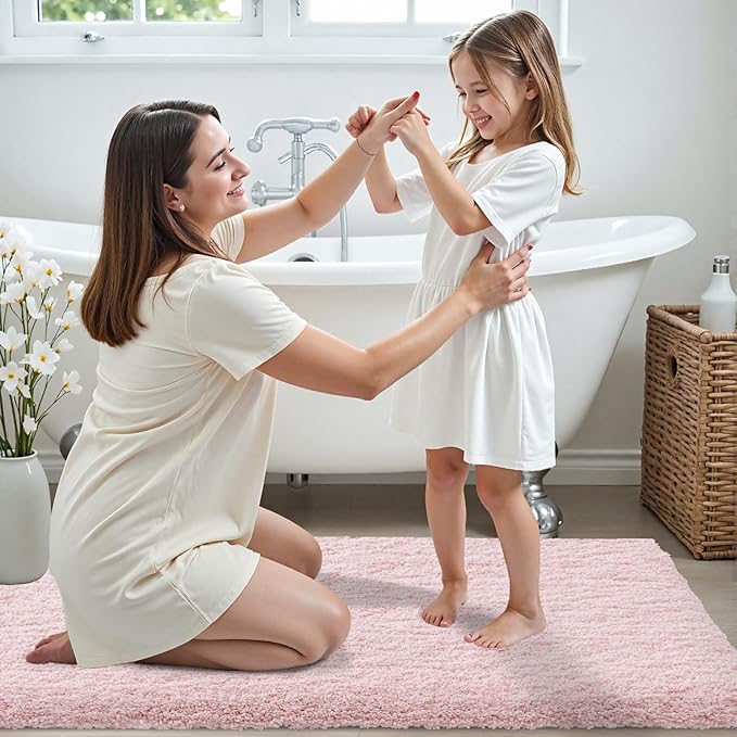 Bathroom Rugs 24x48 Non Slip Pink Fluffy Bath Mat for Bathroom Floor Washable Plush Luxury Bath Rug for Tub Soft Shaggy Absorbent Shower Sink Mat