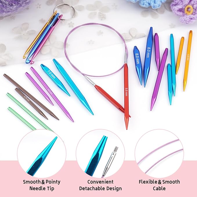 Hobekoee 2-Inch＆3-Inch Interchangeable Knitting Needles Set 9 Pairs Square Ergonomic Circular Knitting Needles with 4 Cables,Short Aluminum Needles Kit 3.5mm-8.0mm