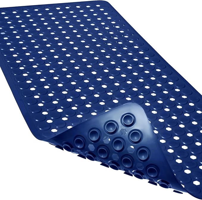 Linoows Non-Slip Bathtub and Shower Mats, Power Grip Bath Mat 35 x 16.3 Inch with Suction Cups and Drain Holes for Tub Bathroom Floor Safety, Machine Washable Soft Bathmat, Navy Blue