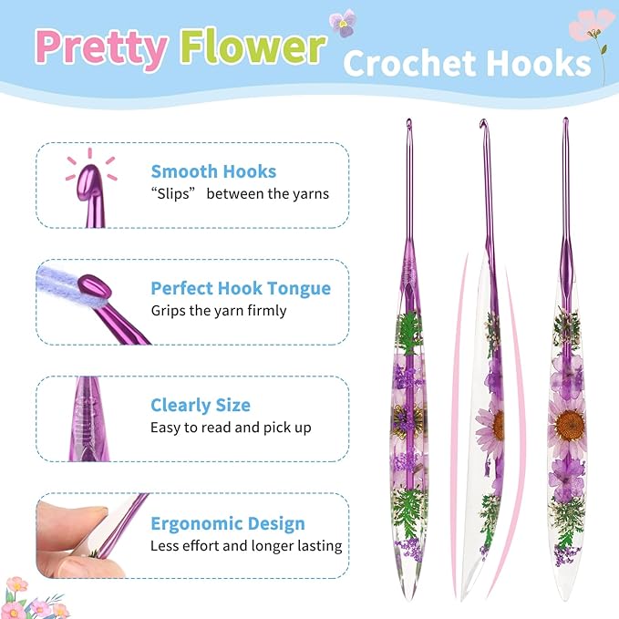 Coopay Crochet Hooks, 3mm Ergonomic Crochet Hook with Floral Resin Grips, Stylish and Unique, Ideal for Crocheting Blankets, Dolls, Shawls, Hats, Scarves (D-3.0mm)