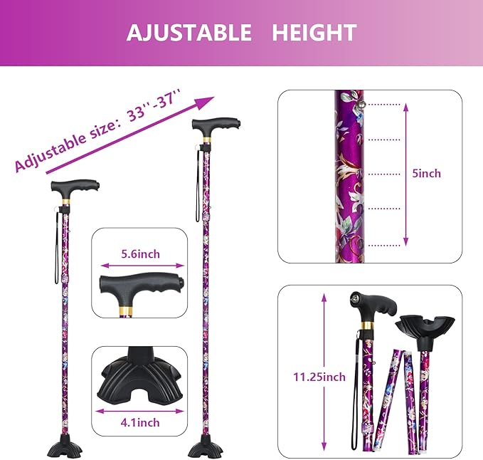 Walking Cane with LED Light, Foldable,Adjustable, Self Standing Walking Canes for Men & Women,Walking Sticks with Quad Base for Seniors & Adults
