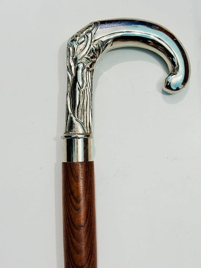 Silver Handle Wooden Walking Cane for Men & Women, Vintage Walking Stick, Twisted Wood Cane, Halloween Costume Prop, Victorian Gentlemen Cane, Antique Brass Walking Stick Gift