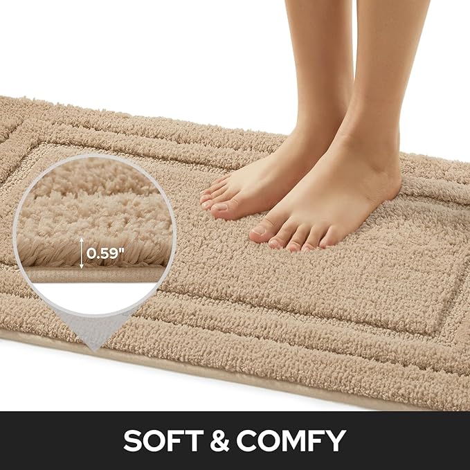 HOMEIDEAS 2 Pieces Farmhouse Bathroom Rug, Super Soft and Absorbent Non Slip Microfiber Machine Washable Bath Mat Set for Bathroom, Farmhouse Bath Decor(20" x 32" + 16" x 24", Khaki)