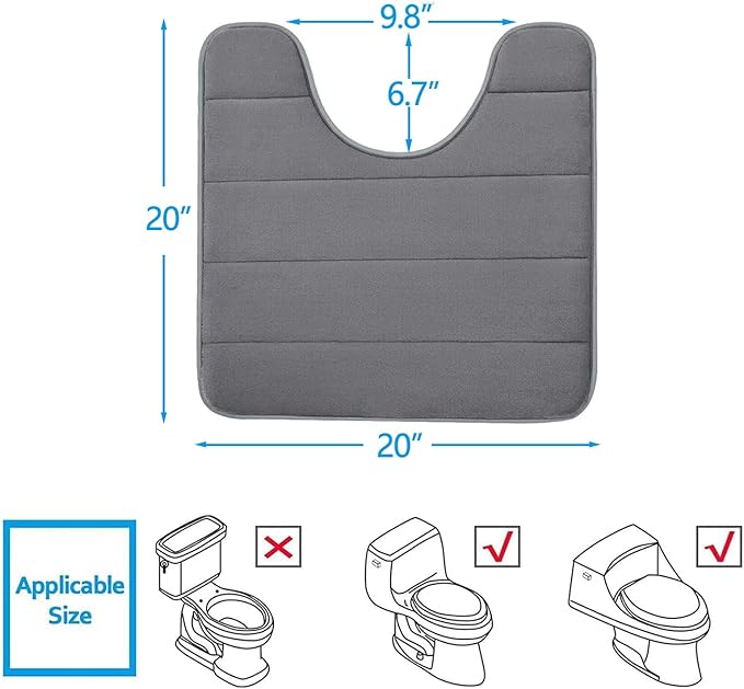 Buganda Memory Foam U-Shaped Contour Toilet Rugs, Non Slip Absorbent, Thick Soft Washable Bathroom Mat, Floor Carpet Bath Rugs Mat for Toilet Base (20" x 20", Grey)