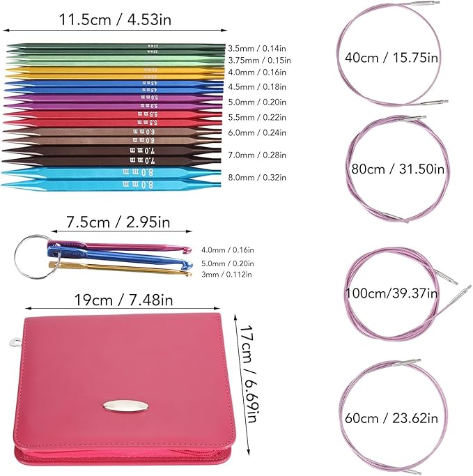 Fafeicy 9 Pairs Square Circular Knitting Needles Set Interchangeable Needles with Ergonomic Handles for Handmade DIY Knitting