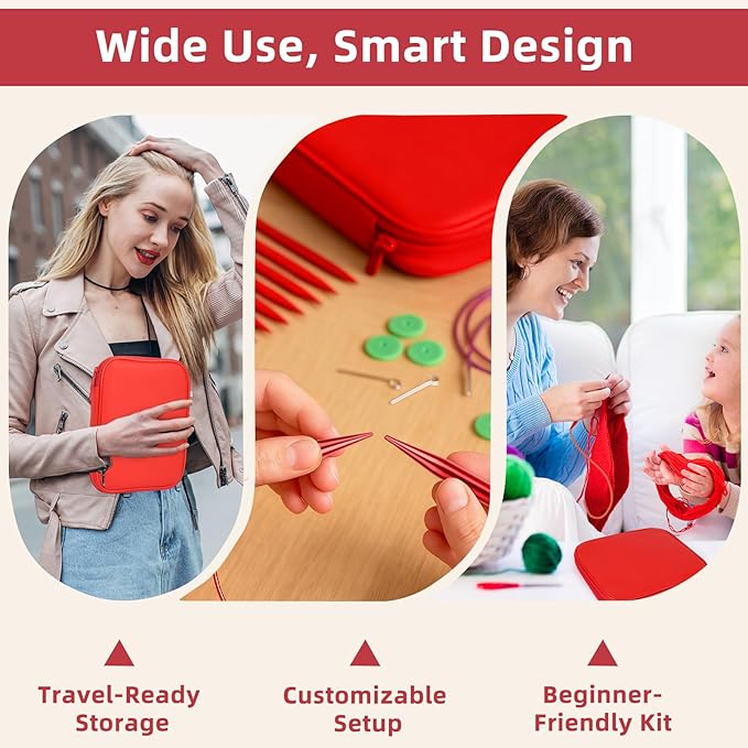 Interchangeable Circular Knitting Needles Set, 13 Pairs (26pcs) Glossy Red Aluminum Knitting Needles Kit, Sizes 3.0mm–10.0mm, Knitting Needle Case & Accessories for Knitting Beginners & Advanced