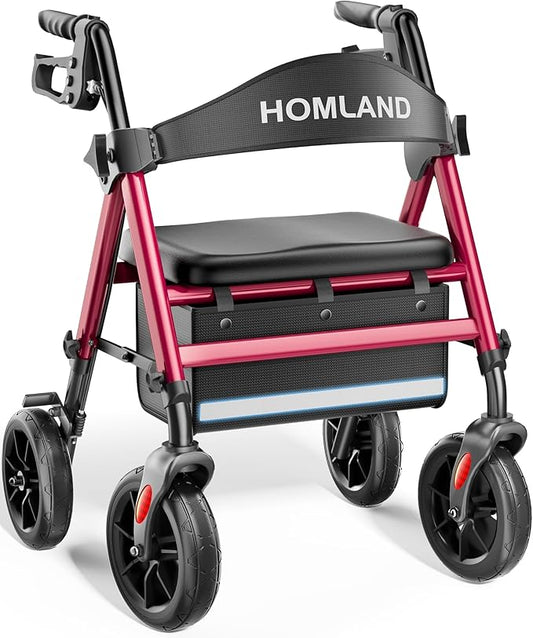 HOMLAND Rollator Walkers for Seniors with Seat, 8" All Terrain Wheels, Durable Aluminum Frame, Lightweight Foldable Walker with Ergonomic Seat, Height Adjustable Rolling Walker