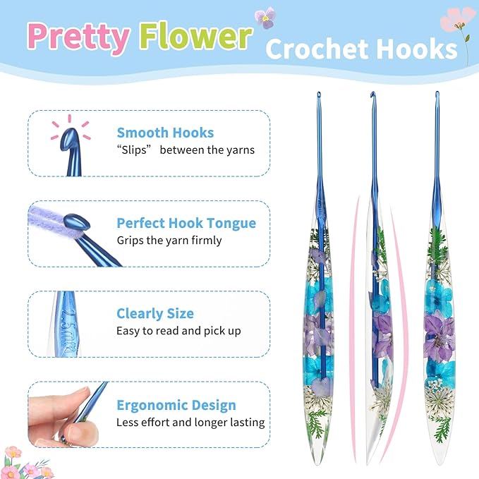 Coopay Crochet Hooks, 2.5mm Ergonomic Crochet Hook with Floral Resin Grips, Stylish and Unique, Ideal for Crocheting Blankets, Dolls, Shawls, Hats, Scarves (C-2.5mm)