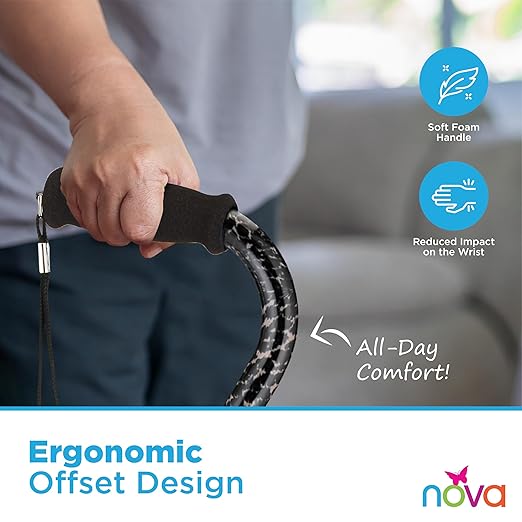 Nova Joy Designer Offset Quad Cane for Seniors - Unisex Adjustable Lightweight Walking Aid with Foam Handle, Wrist Strap and Anti-Rattle Lock - Essential Mobility Support - Leopard