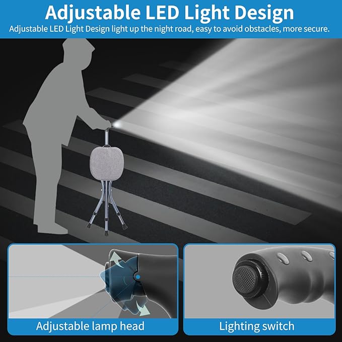 Folding Walking Cane with Seat, Walking Stick with Seat Lightweight for Seniors, Cane Chair with Magnetic Massage Handle & Seat Cover, Height Adjustment, Supports up to 330 Pounds