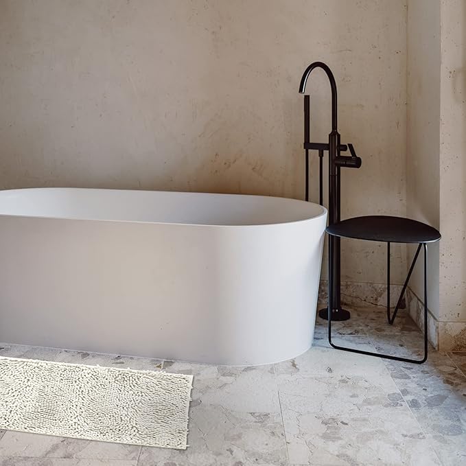 Non-Slip Bath Rug,Extra Soft Microfiber Bedroom Shag Carpet with Anti-Slip Backing,Water/Dust Absorbent Fast Dry Shower Mat,Sound Insulated Stairs Pad,Machine Washable (Ivory,17 x 27 Inches)