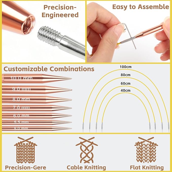 Interchangeable Circular Knitting Needles Set, 13 Pairs (26pcs) Rose Gold Aluminum Knitting Needles Kit, Sizes 3.0mm–10.0mm, Knitting Needle Case & Accessories for Knitting Beginners & Advanced