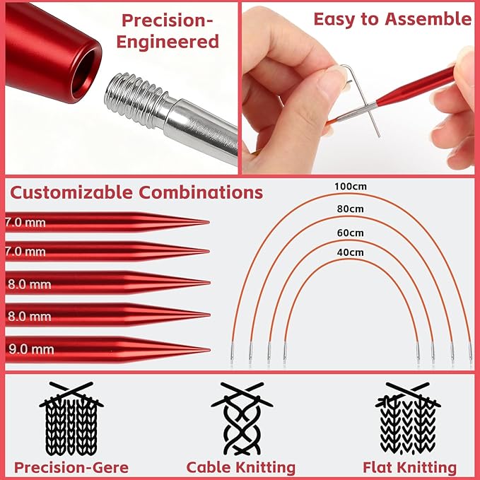 Interchangeable Circular Knitting Needles Set, 13 Pairs (26pcs) Glossy Red Aluminum Knitting Needles Kit, Sizes 3.0mm–10.0mm, Knitting Needle Case & Accessories for Knitting Beginners & Advanced