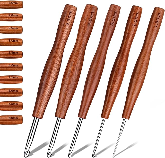 Nitlak 5 Pcs Crochet Hook, 5 Size Aluminum Ergonomic Crochet Hook with Wooden Handle for Arthritic Hands, Beginners, Crochet Needles for Knitting (1.5mm/2.5cm/3.5mm/4.5mm/5.5mm)