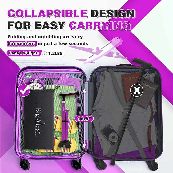 BigAlex Lightweight Collapsible Walking Cane with Soft Comfortable TPR Handle for Seniors and Elderly Adults, Larger Handle for Comfort, Adjustable Support Stick, Portable Travel Aid for Men & Women