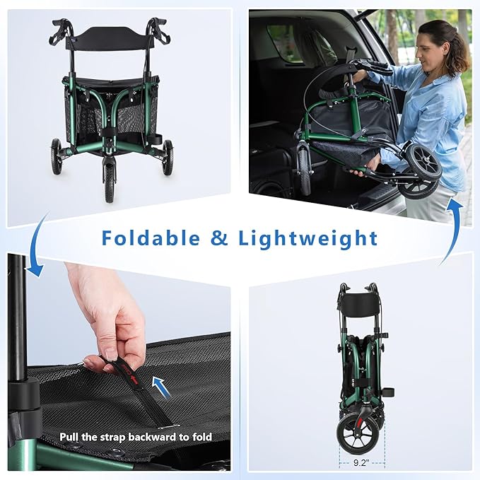 WALK MATE 3 Wheel Rollator Walker with Seat for Slim Seniors, Padded Backrest Lightweight Foldable Walker Ideal for Elderly, 8 Inch Tri-Wheel Modern Mobility Walking Aid Aluminum, Green