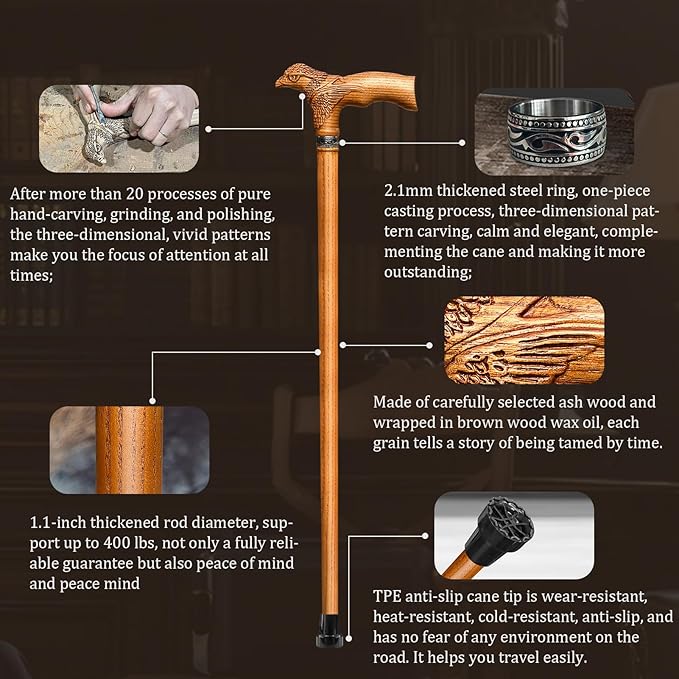 Hand Carved Wooden Walking Cane USA Made Eagle Carved Ergonomic Elegant Wood Canes for Men and Women Support up to 400 lbs Provide Stable Canes for Seniors for Daily Use and Gift Giving