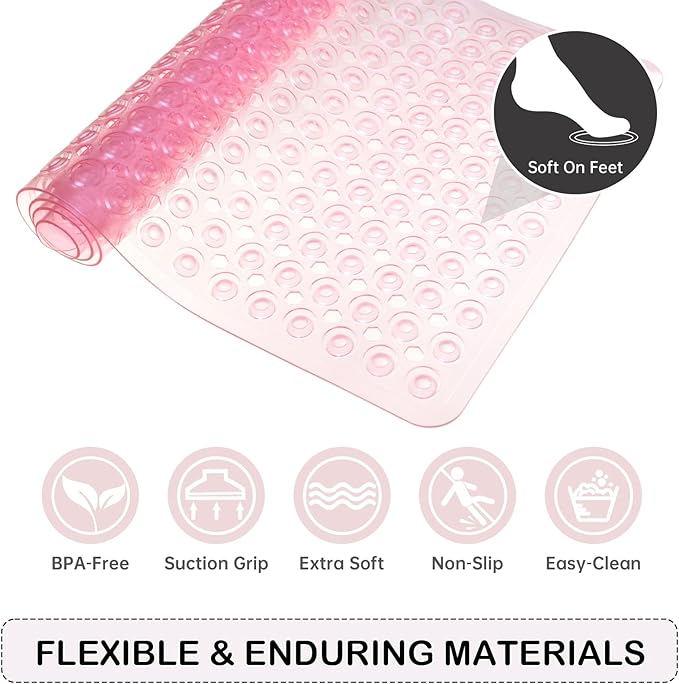 Linoows Non-Slip Bathtub and Shower Mats, Power Grip Bath Mat 35 x 16.3 Inch with Suction Cups and Drain Holes for Tub Bathroom Floor Safety, Machine Washable Soft Bathmat, Clear Pink