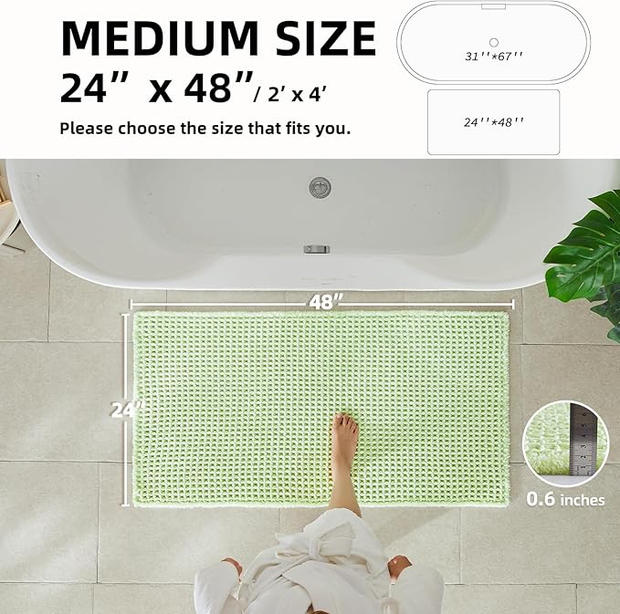 Waffle Bath Mat, Boho Bathroom Rugs Non Slip Washable Super Absorbent Quick Dry Cute Bath Mat Farmhouse Bathroom Decor, 48"x24" Pale Green