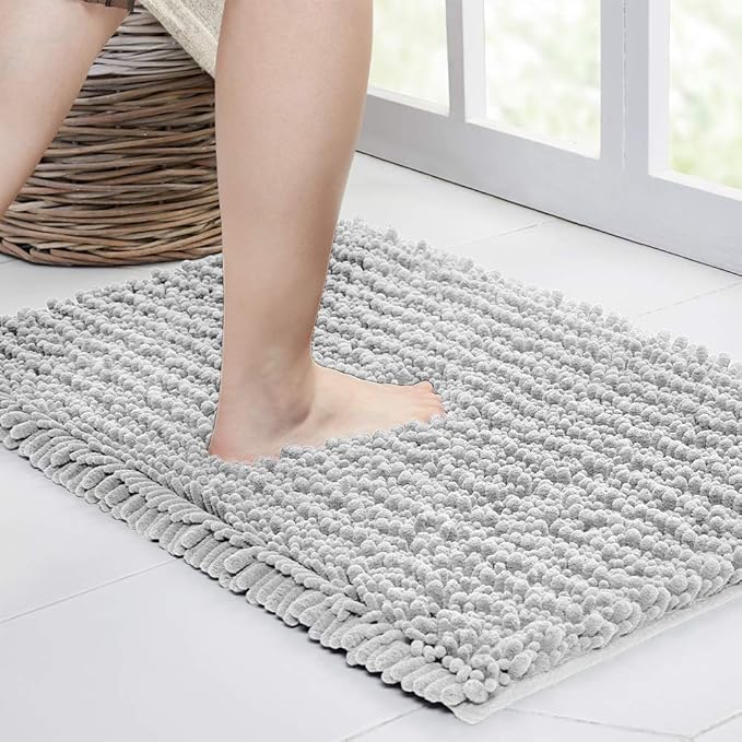 Walensee Large Bathroom Rug Non Slip Bath Mat (24x60 Inch Light Grey) Water Absorbent Super Soft Shaggy Chenille Machine Washable Dry Extra Thick Perfect Absorbant Best Plush Carpet for Shower Floor