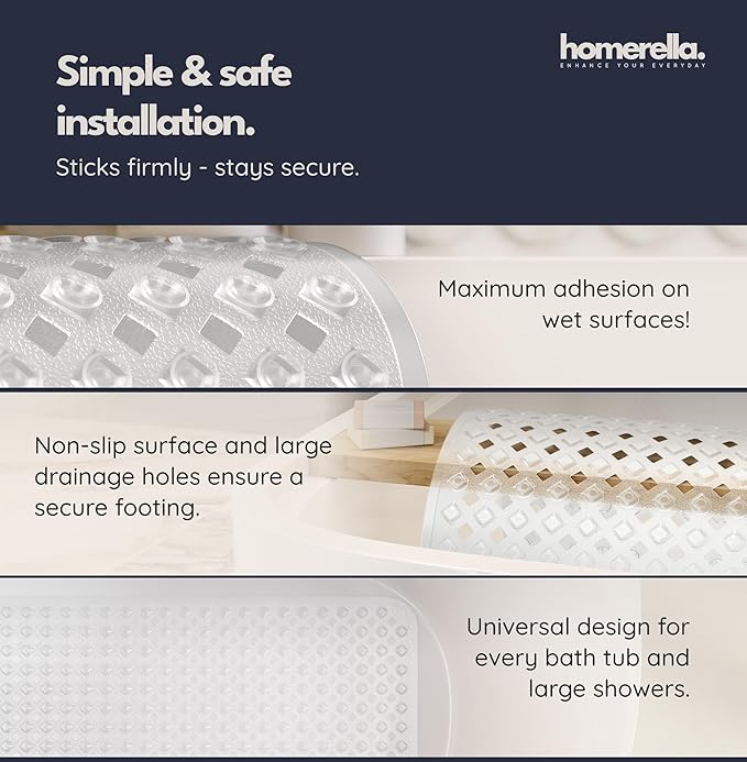 homerella® Bathtub Mat Non Slip 35x16, Incl. Hooks for Drying, Extra Long, 100% BPA Free, Shower Mat Non Slip Anti Mold, Machine Washable, Shower Mats for Inside Shower Mildew Resistant