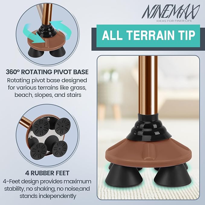 NINEMAX Walking Cane for Men Women Seniors, Foldable Collapsible Adjustable Free Standing T Handle Walking Stick, Lightweight Sturdy Folding Cane Portable for Stable and Balance